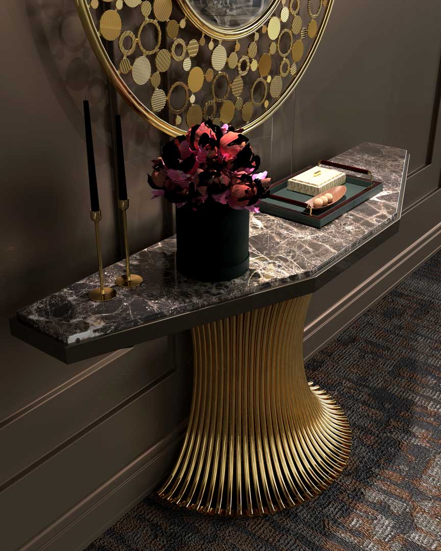 /storage/Luxury brass and Emperador marble console with flowing tube design, a sophisticated modern credenza for elegant interiors.