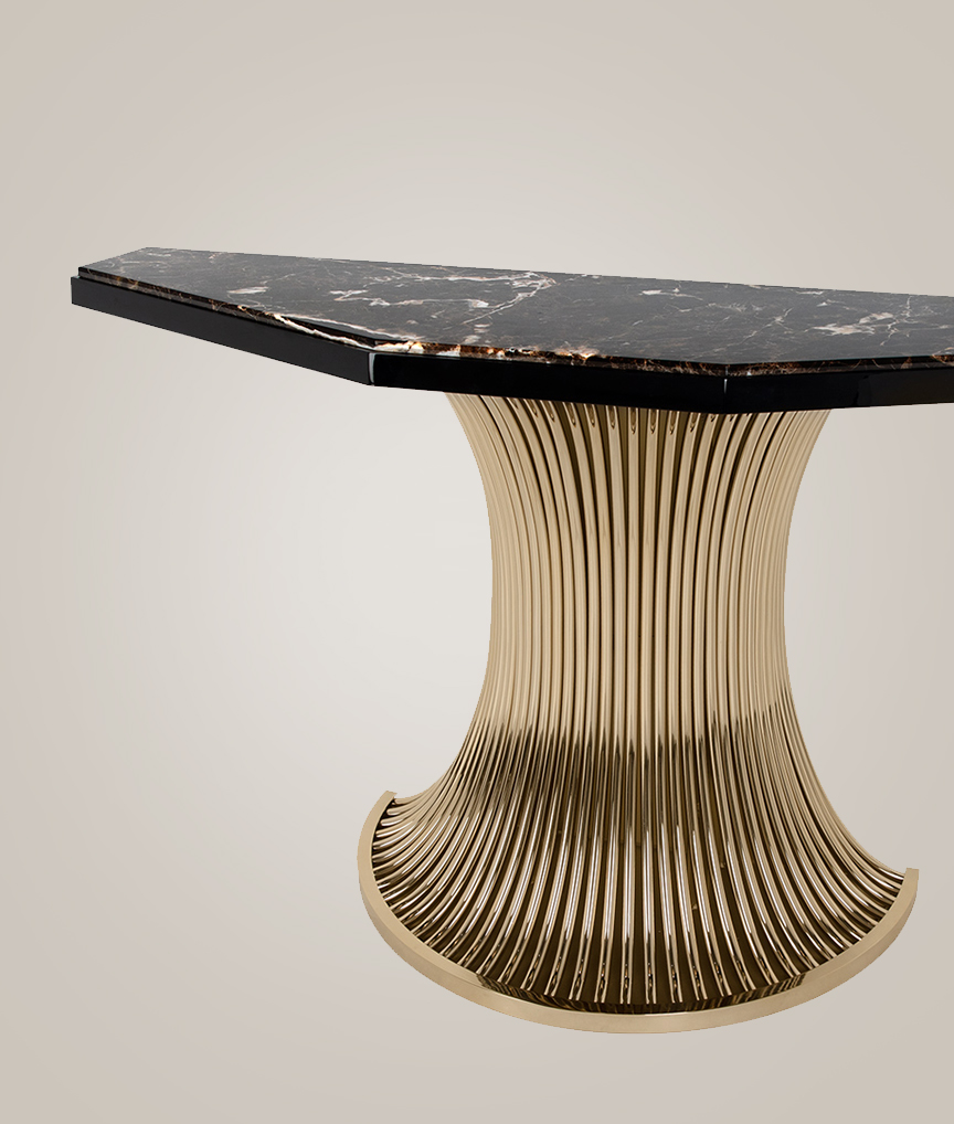 /storage/Luxury brass and Emperador marble console with flowing tube design, a sophisticated modern credenza for elegant interiors.