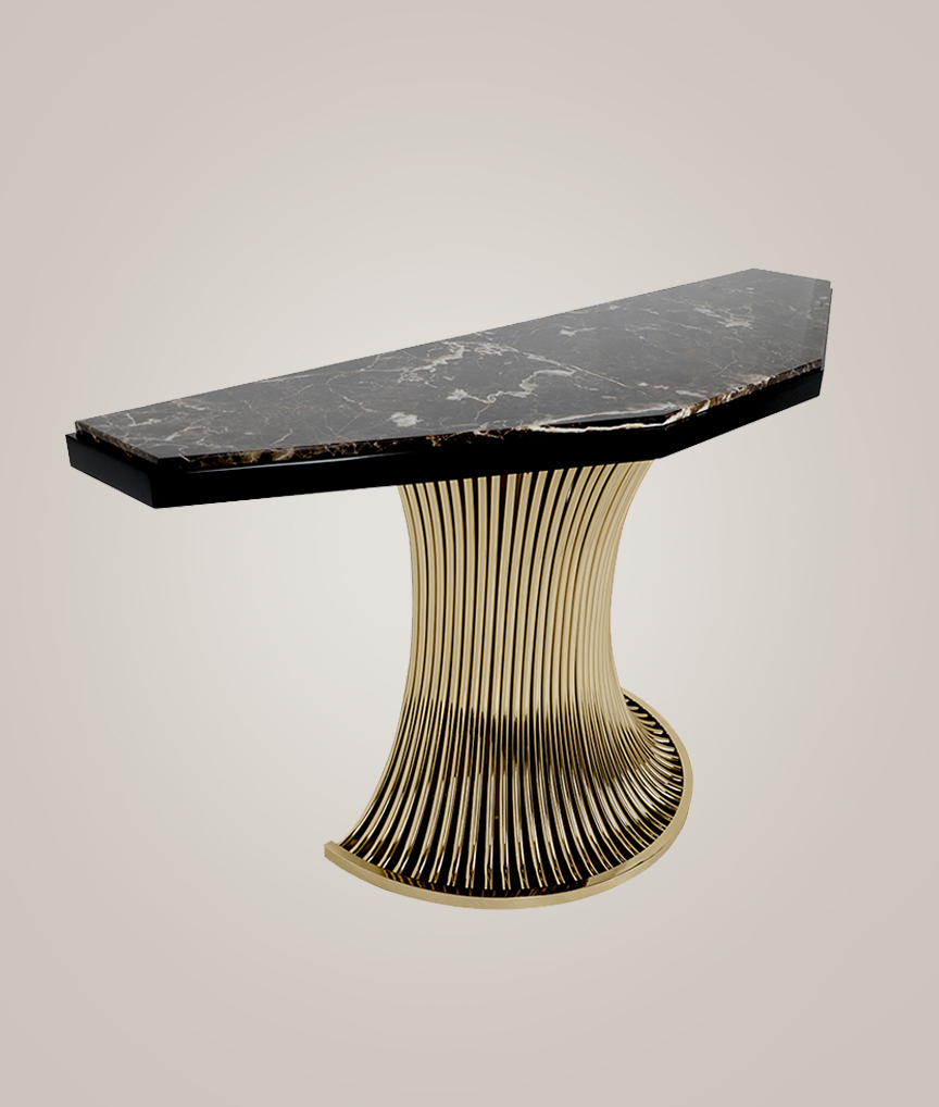 /storage/Luxury brass and Emperador marble console with flowing tube design, a sophisticated modern credenza for elegant interiors.