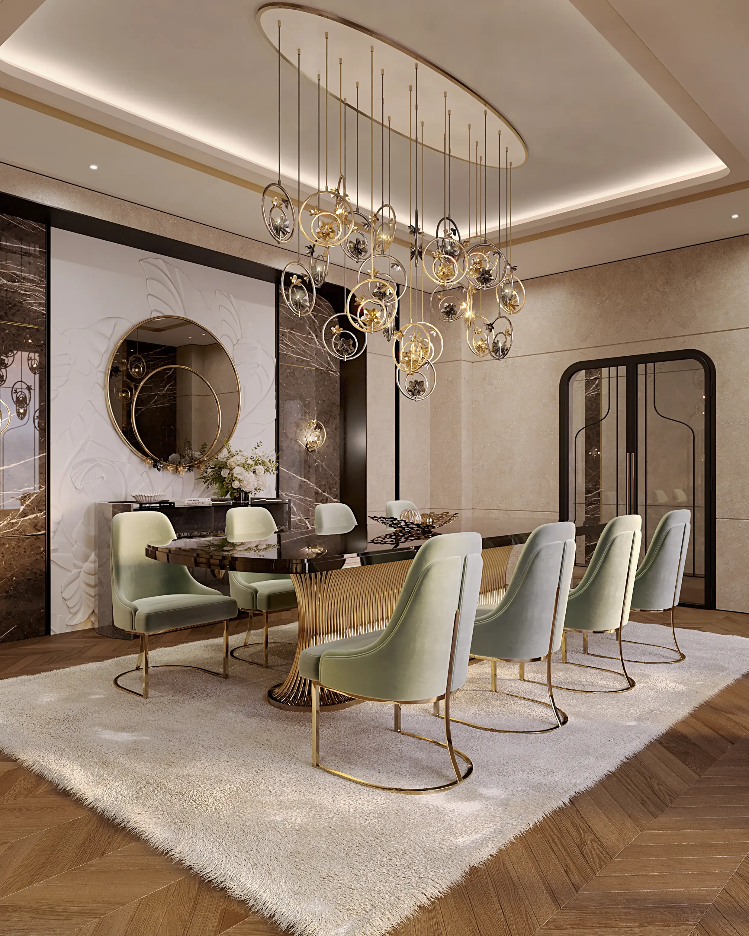 /storage/Luxury brass and Emperador marble dining table with flowing curved tube base, a sculptural modern design for elegant interiors.
