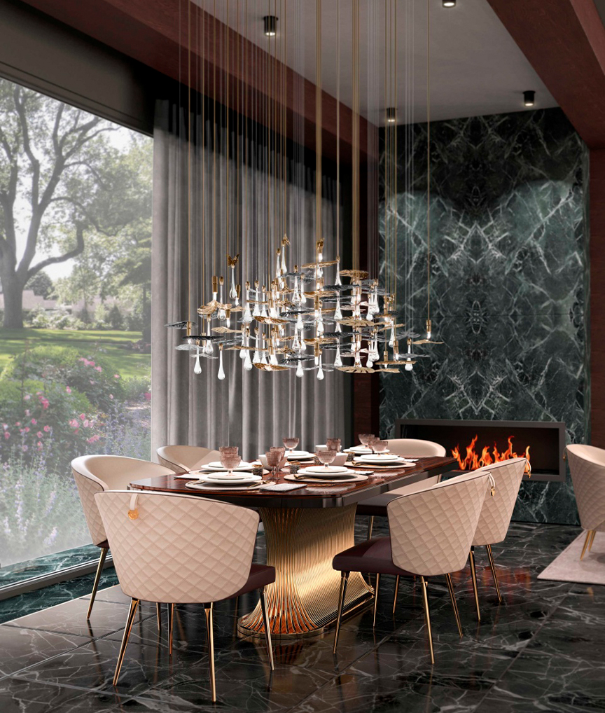 /storage/Luxury brass and Emperador marble dining table with flowing curved tube base, a sculptural modern design for elegant interiors.