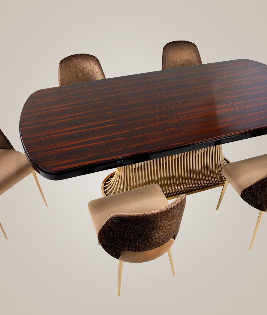 /storage/Luxury brass and Emperador marble dining table with flowing curved tube base, a sculptural modern design for elegant interiors.