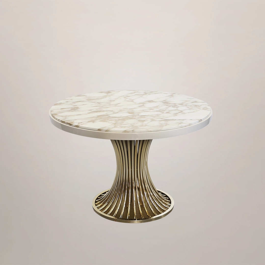 /storage/Luxury brass dining table with flowing sculptural base and round Emperador marble top, inspired by the elegant movement of dancers and crafted for sophisticated interiors.