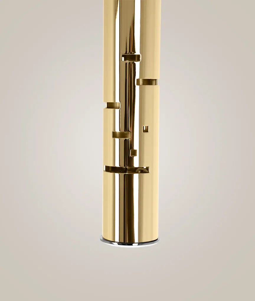 /storage/Luxury brass Gio pendant with geometric gold and nickel structure inspired by Italian modernist design.