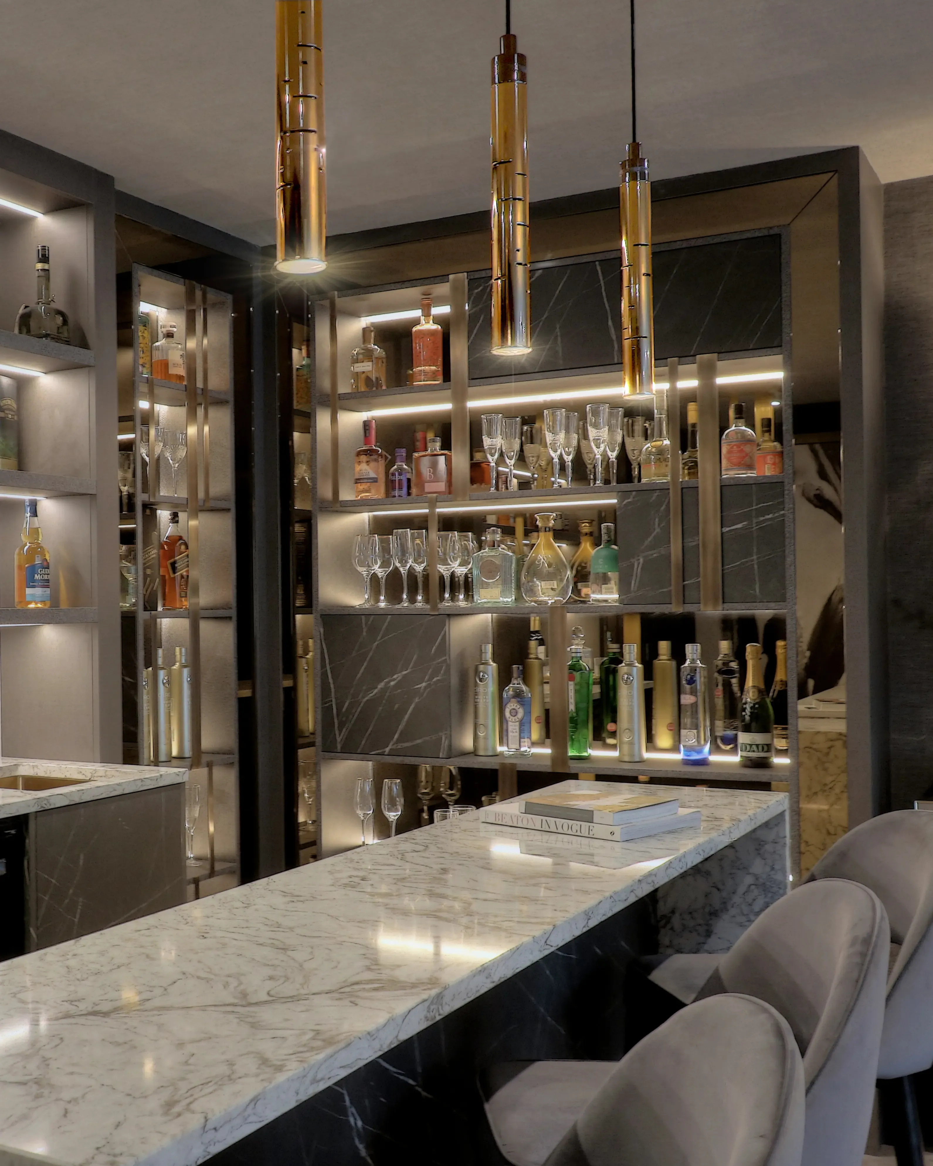 /storage/Luxury brass Gio pendant with geometric gold and nickel structure inspired by Italian modernist design.