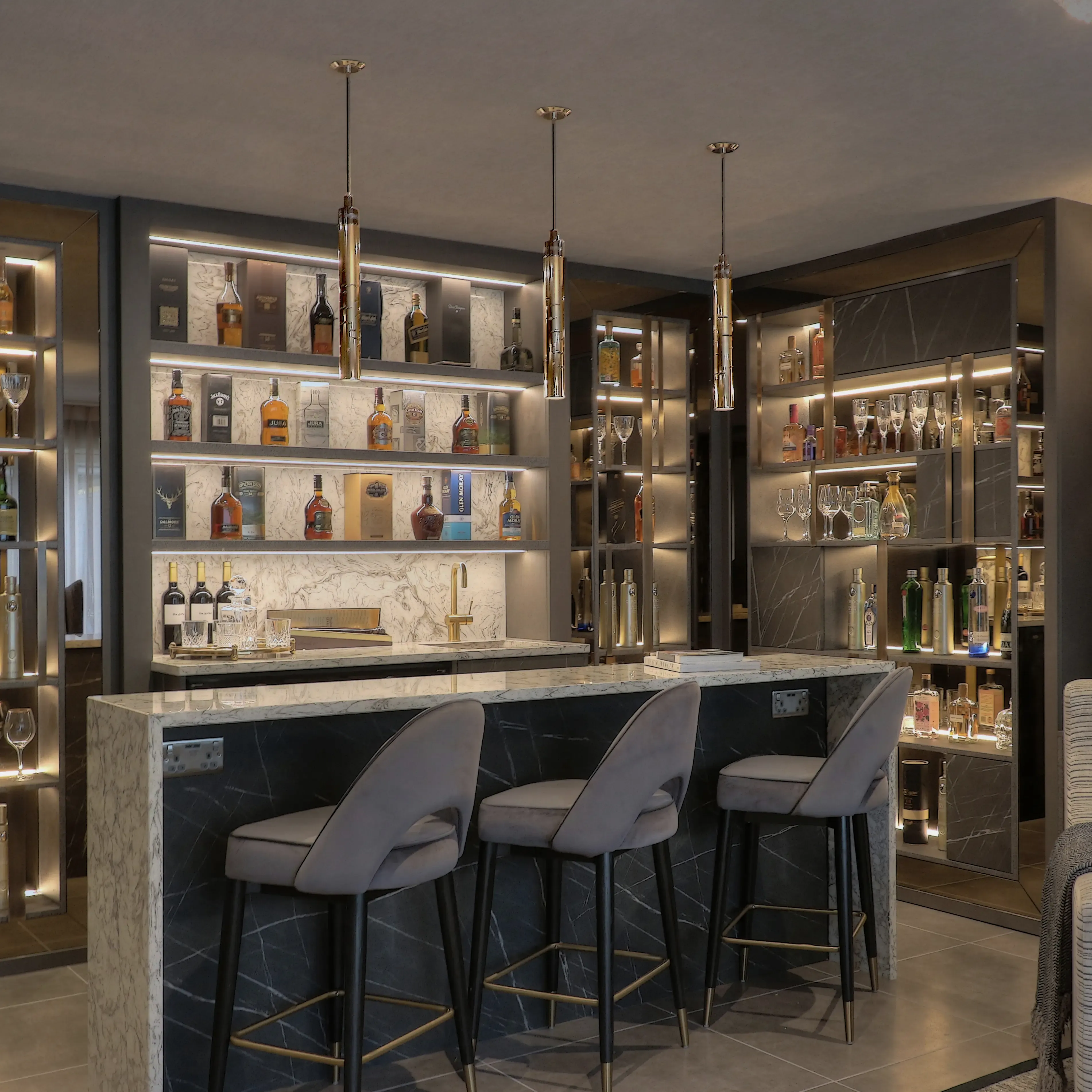 /storage/Luxury brass Gio pendant with geometric gold and nickel structure inspired by Italian modernist design.