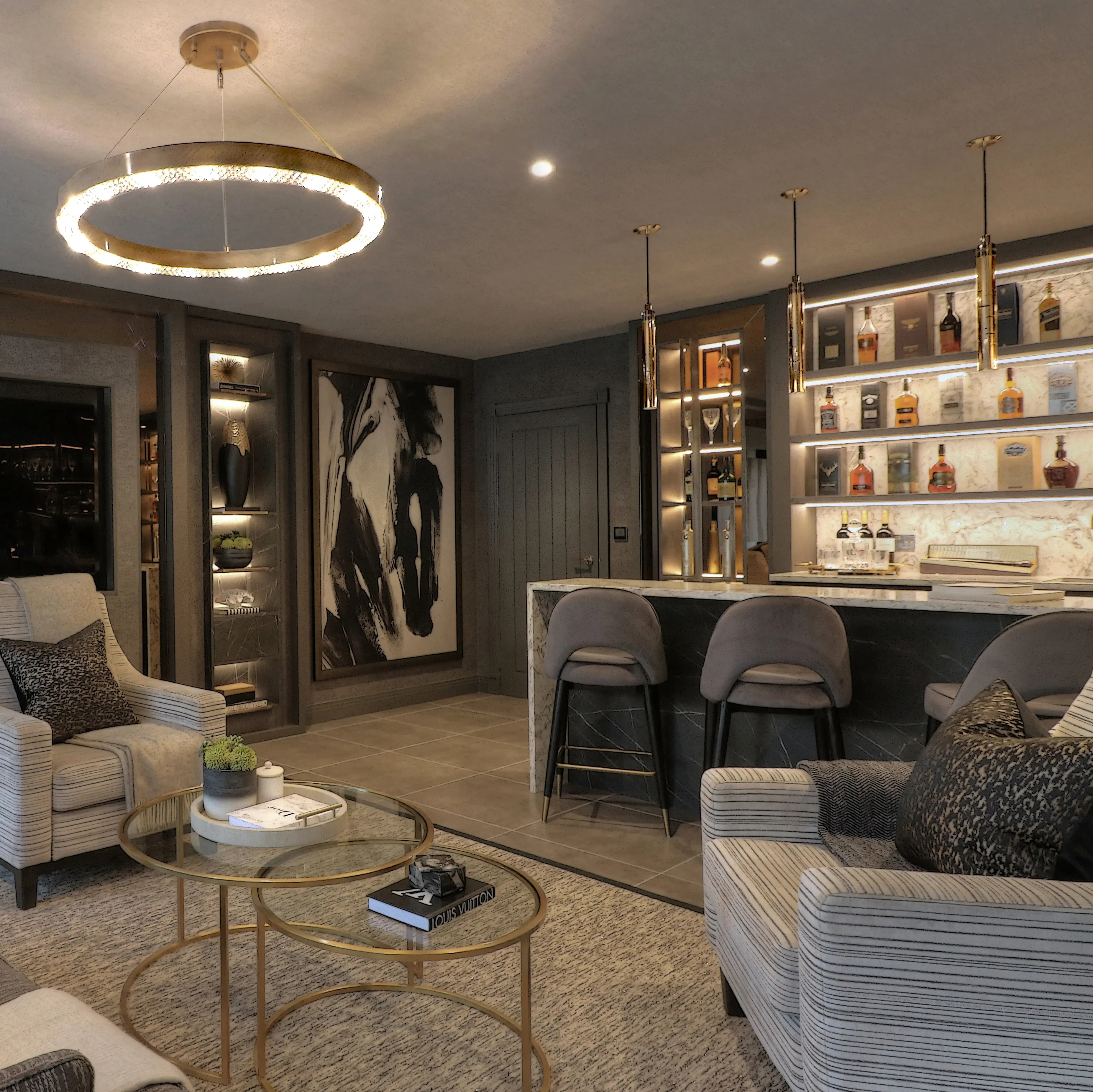 /storage/Luxury brass Gio pendant with geometric gold and nickel structure inspired by Italian modernist design.