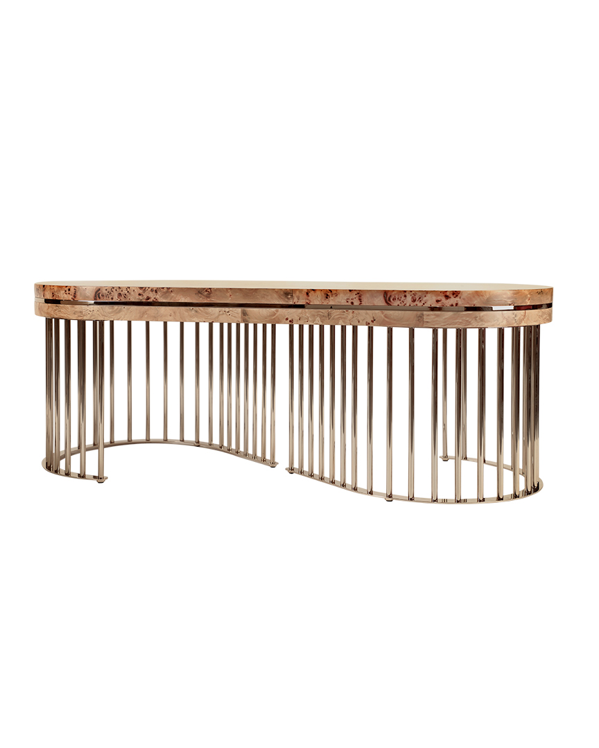 /storage/Luxury brass Grace Center Table 150 with poplar root veneer top and gold-plated brass lines, a modern accent piece for elegant living rooms or entryways.