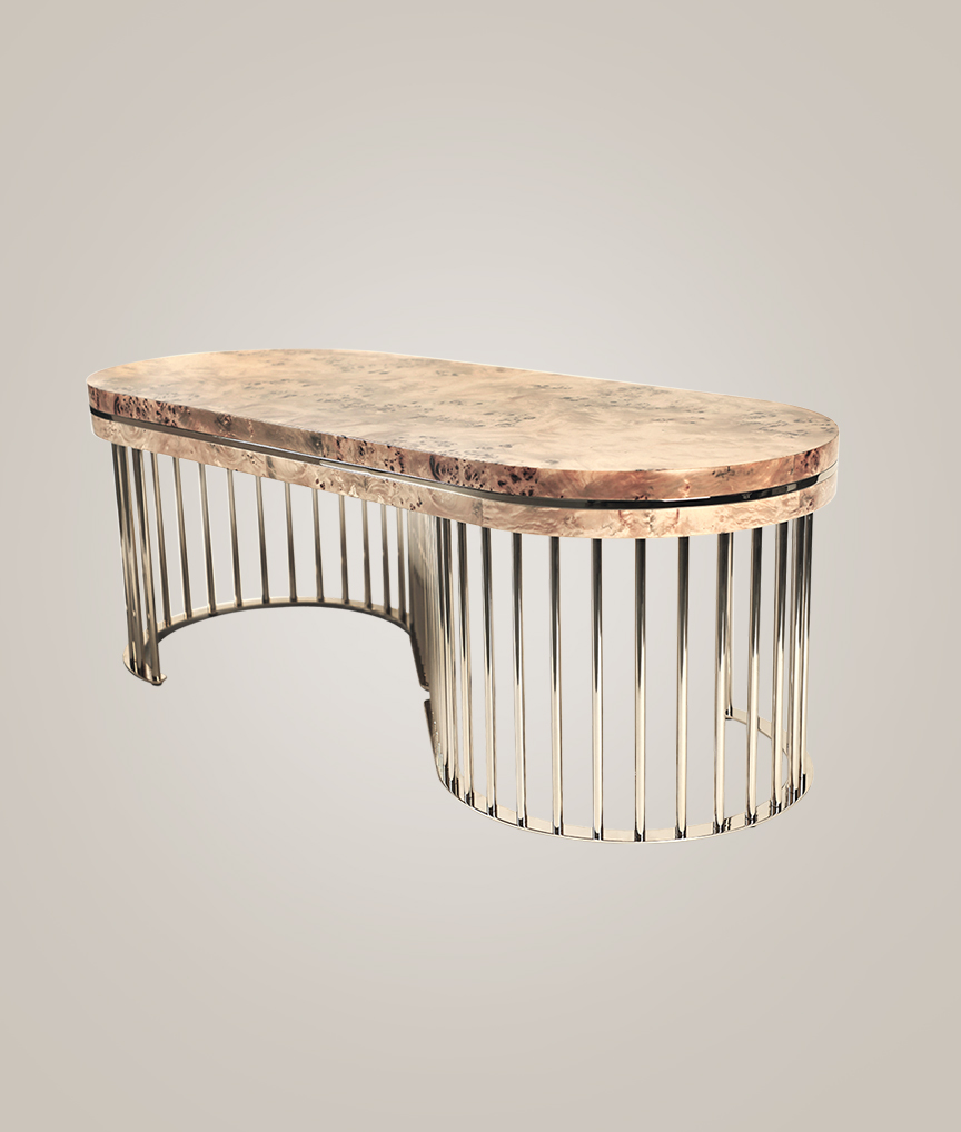 /storage/Luxury brass Grace Center Table 150 with poplar root veneer top and gold-plated brass lines, a modern accent piece for elegant living rooms or entryways.