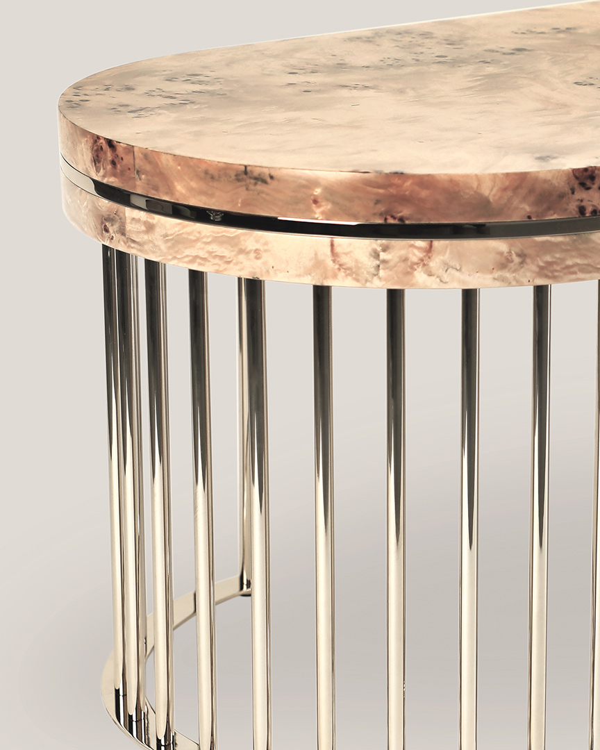 /storage/Luxury brass Grace Center Table 150 with poplar root veneer top and gold-plated brass lines, a modern accent piece for elegant living rooms or entryways.