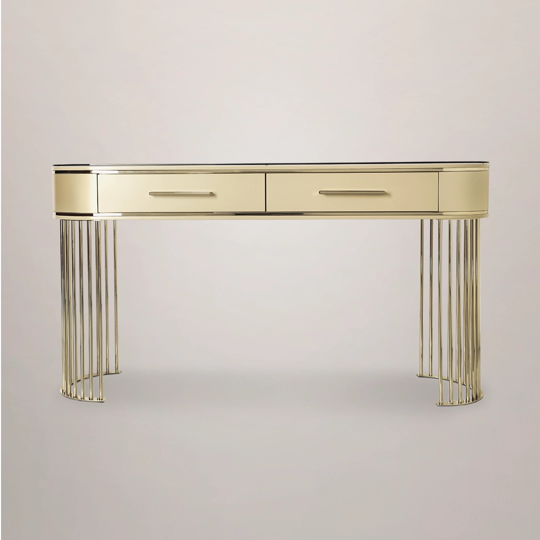 /storage/Luxury brass Grace Console with poplar root veneer top and gold-plated accents, combining elegance and bespoke craftsmanship to elevate any interior space.