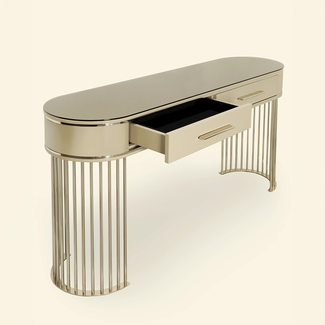 /storage/Luxury brass Grace Console with poplar root veneer top and gold-plated accents, combining elegance and bespoke craftsmanship to elevate any interior space.