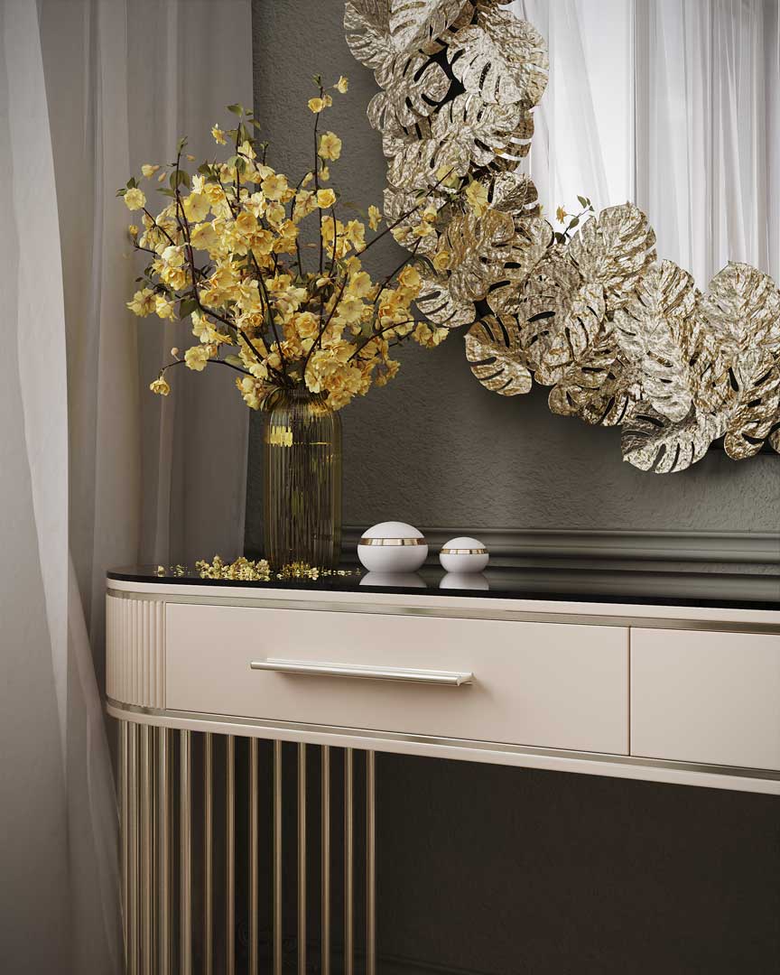 /storage/Luxury brass Grace Console Ripples with poplar root veneer wood top, framed by sleek gold-plated brass lines, offering elegant and sophisticated design for refined interiors.