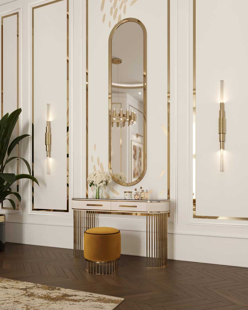 /storage/Luxury brass Grace Console Ripples with poplar root veneer wood top, framed by sleek gold-plated brass lines, offering elegant and sophisticated design for refined interiors.