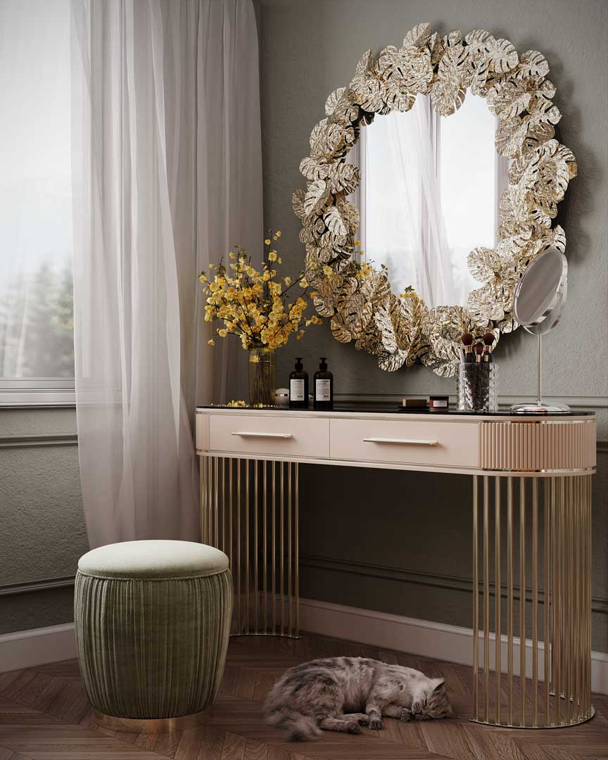 /storage/Luxury brass Grace Console Ripples with poplar root veneer wood top, framed by sleek gold-plated brass lines, offering elegant and sophisticated design for refined interiors.