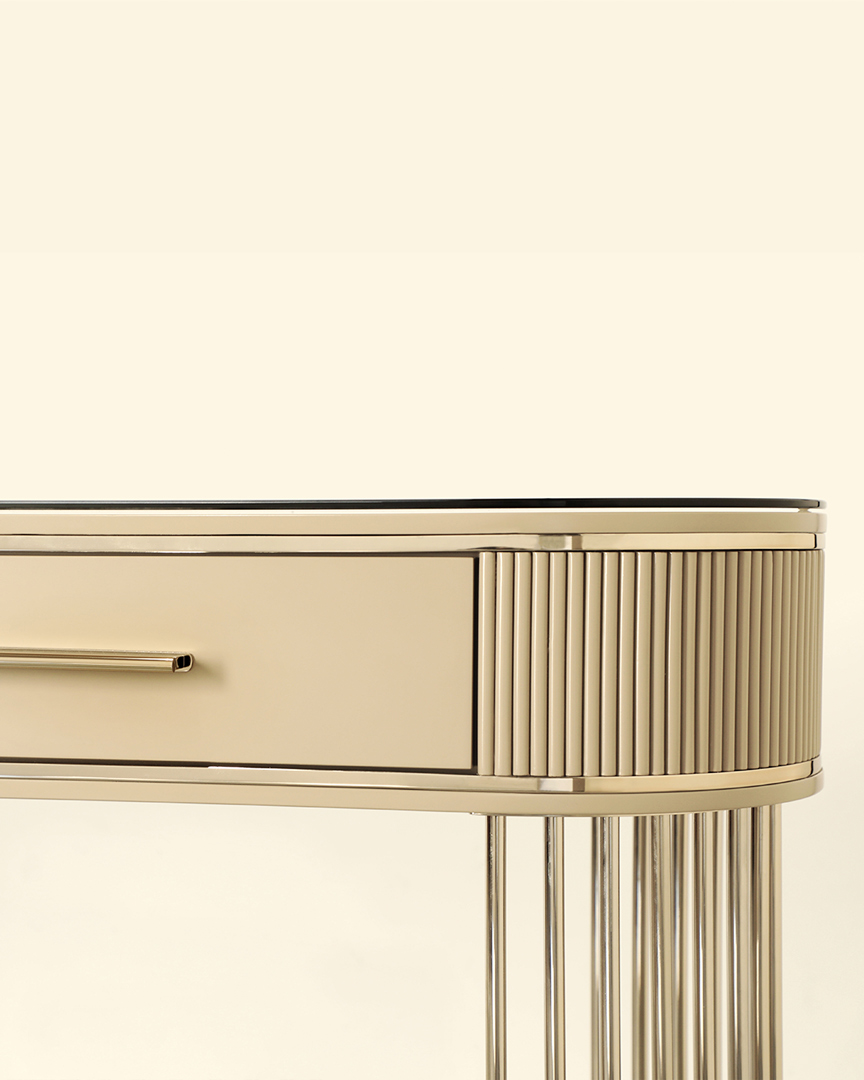 /storage/Luxury brass Grace Console Ripples with poplar root veneer wood top, framed by sleek gold-plated brass lines, offering elegant and sophisticated design for refined interiors.