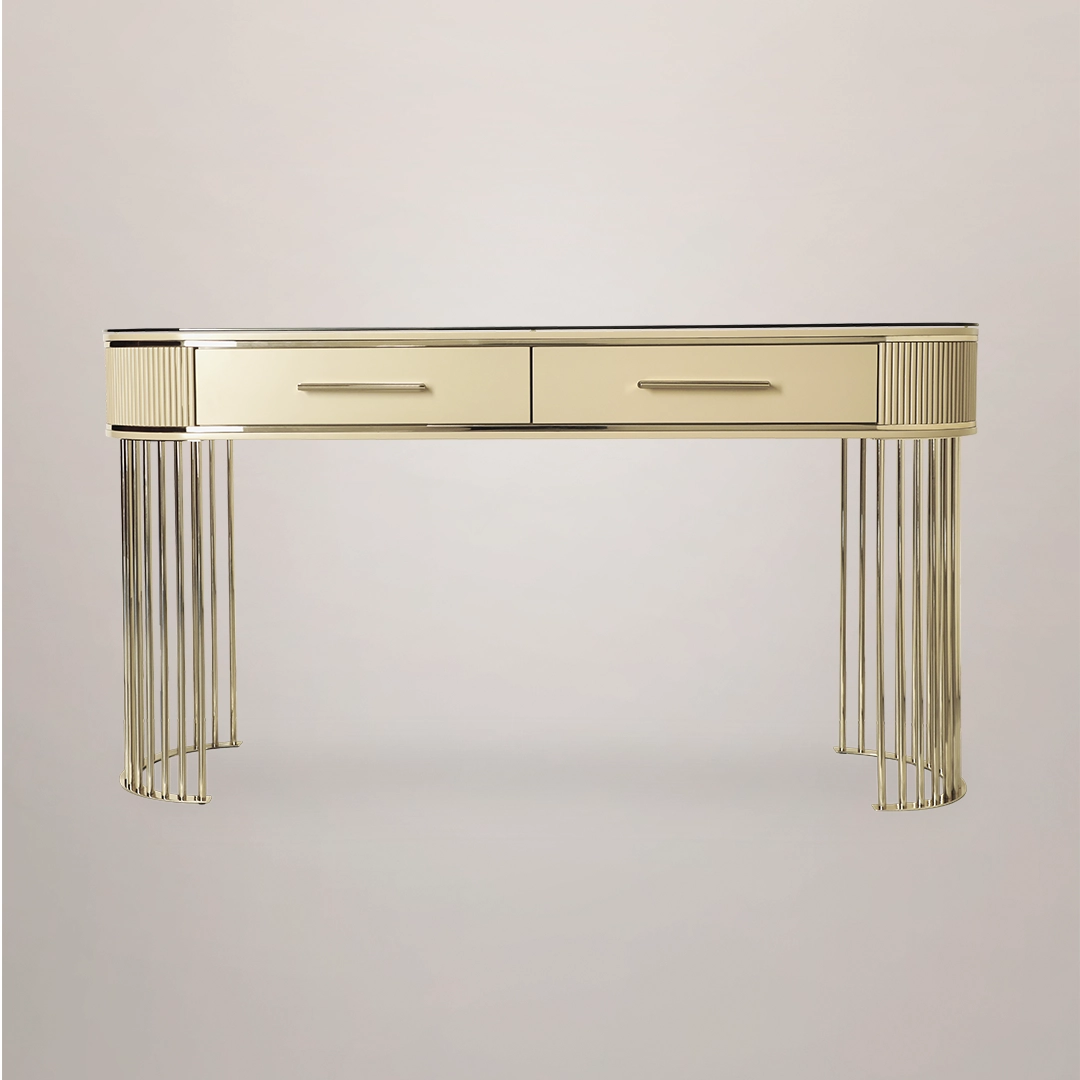 /storage/Luxury brass Grace Console Ripples with poplar root veneer wood top, framed by sleek gold-plated brass lines, offering elegant and sophisticated design for refined interiors.