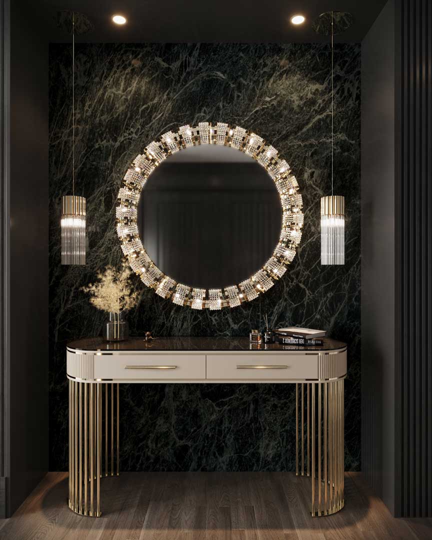 /storage/Luxury brass Grace Console Ripples with poplar root veneer wood top, framed by sleek gold-plated brass lines, offering elegant and sophisticated design for refined interiors.