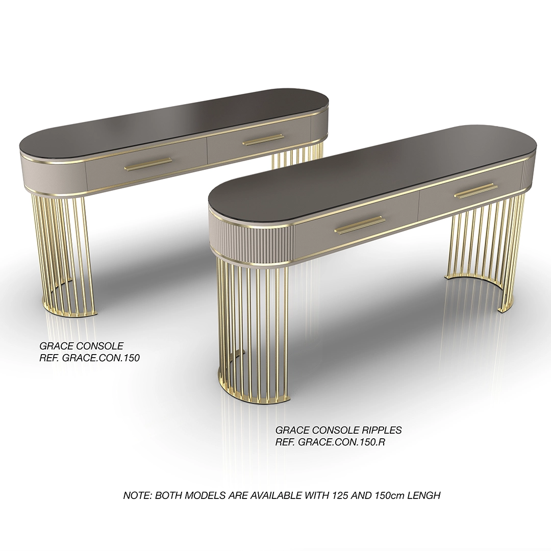 /storage/Luxury brass Grace Console Ripples with poplar root veneer wood top, framed by sleek gold-plated brass lines, offering elegant and sophisticated design for refined interiors.