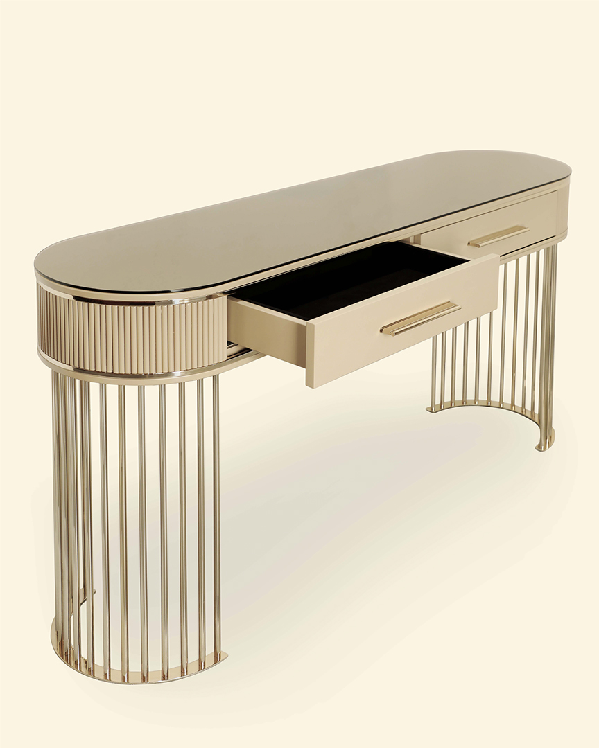 /storage/Luxury brass Grace Console Ripples with poplar root veneer wood top, framed by sleek gold-plated brass lines, offering elegant and sophisticated design for refined interiors.
