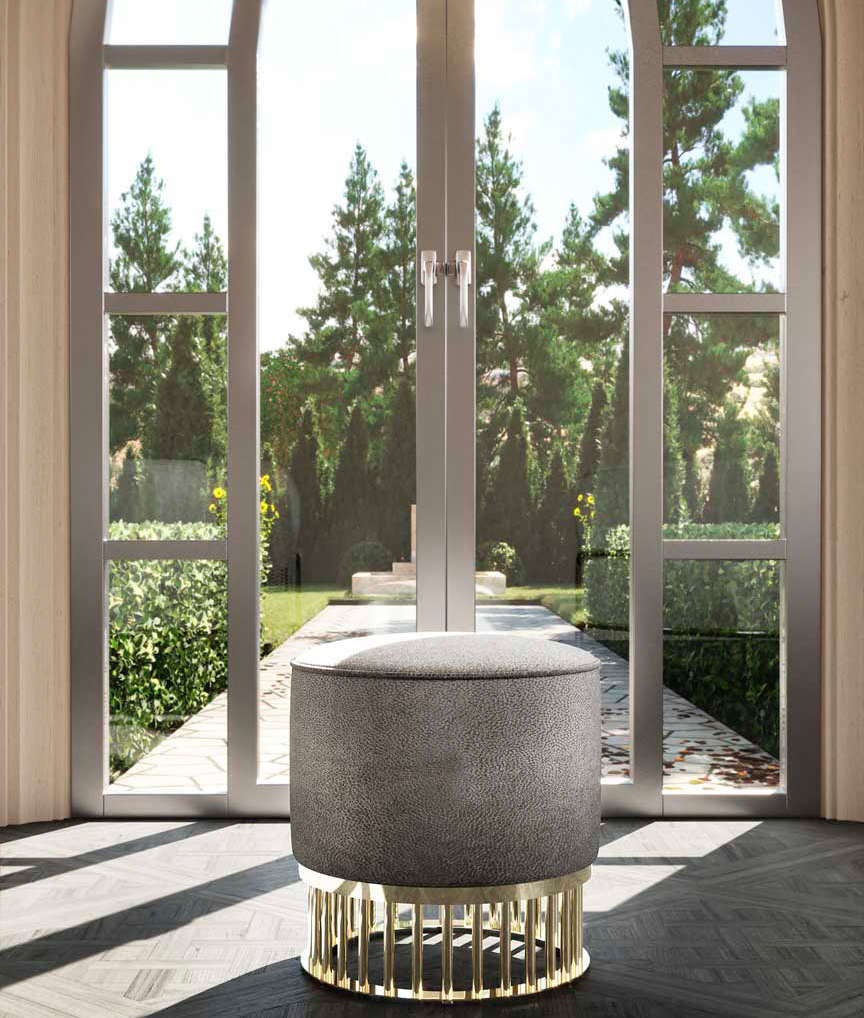 /storage/Luxury brass Grace Stool with gold-plated brass structure and bespoke upholstered top, a refined accent piece enhancing elegance and style in sophisticated interiors.