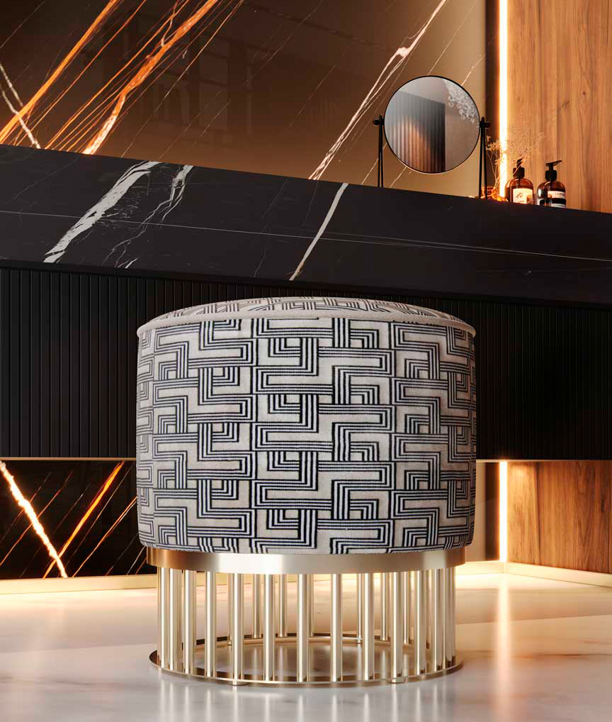 /storage/Luxury brass Grace Stool with gold-plated brass structure and bespoke upholstered top, a refined accent piece enhancing elegance and style in sophisticated interiors.