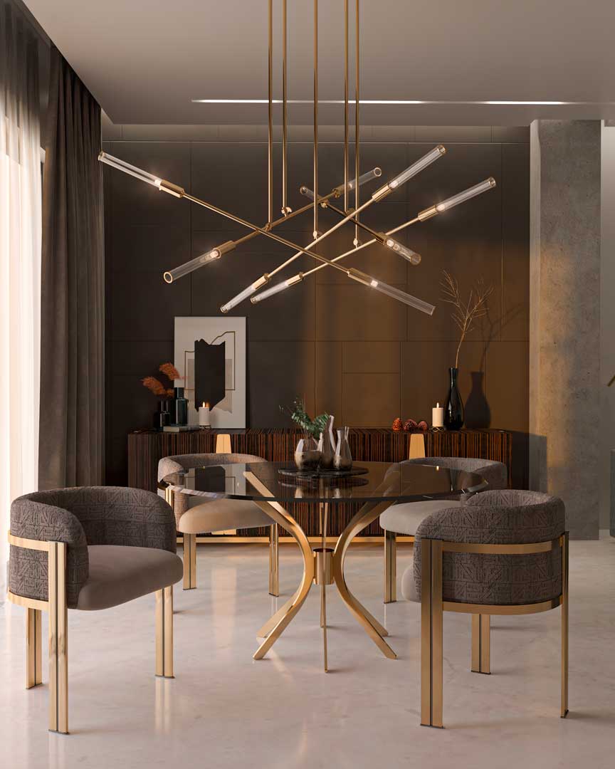 /storage/Luxury brass Haring dining table with 24k gold-plated sculptural legs and circular glass top inspired by Keith Haring’s dynamic artistry.