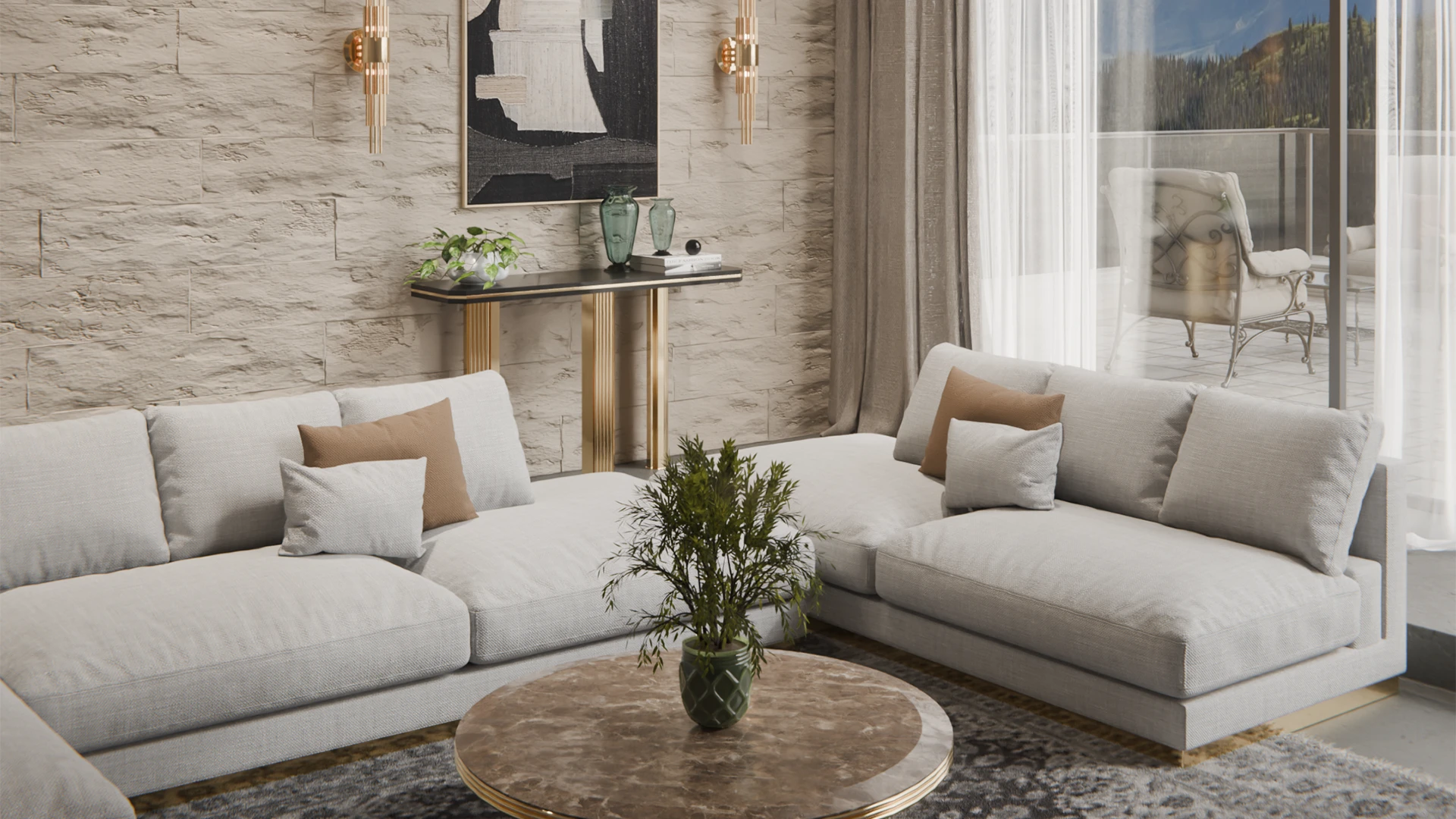 /storage/Full luxury interior featuring Metis Suspension, Streamline Wall Light, Euphoria Center Table, and Harp Console in a warm, sunlit autumn-inspired ambiance, showcasing the summer to fall transition in luxury interiors.