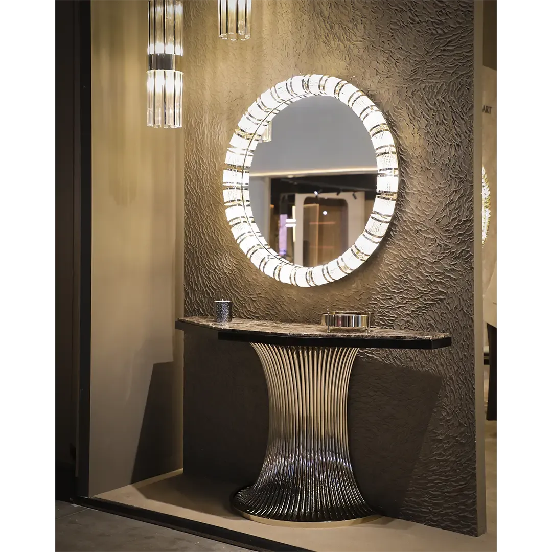 /storage/Luxury brass and Emperador marble console with flowing tube design, a sophisticated modern credenza for elegant interiors.