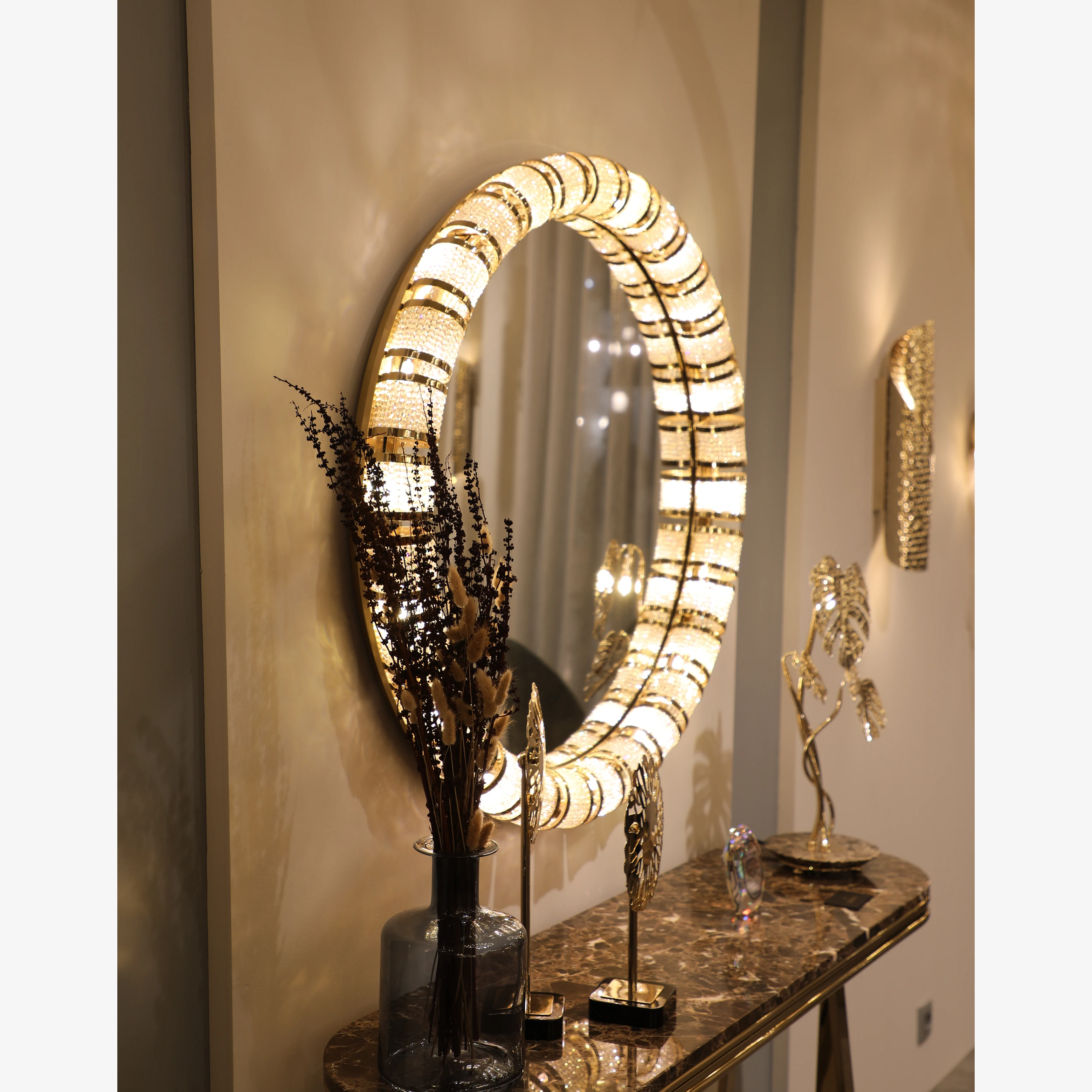 /storage/Luxury brass Leviev Mirror with Swarovski crystals, elegant contemporary furniture accessory for interiors.