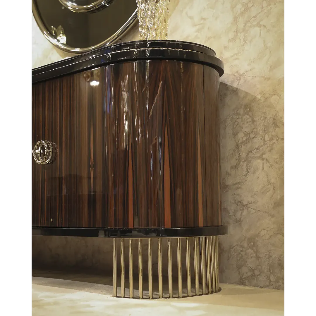/storage/Luxury brass-accented Nautilus sideboard in ebony veneer with glass details, a modern classic design exuding naval inspiration and sophisticated elegance.
