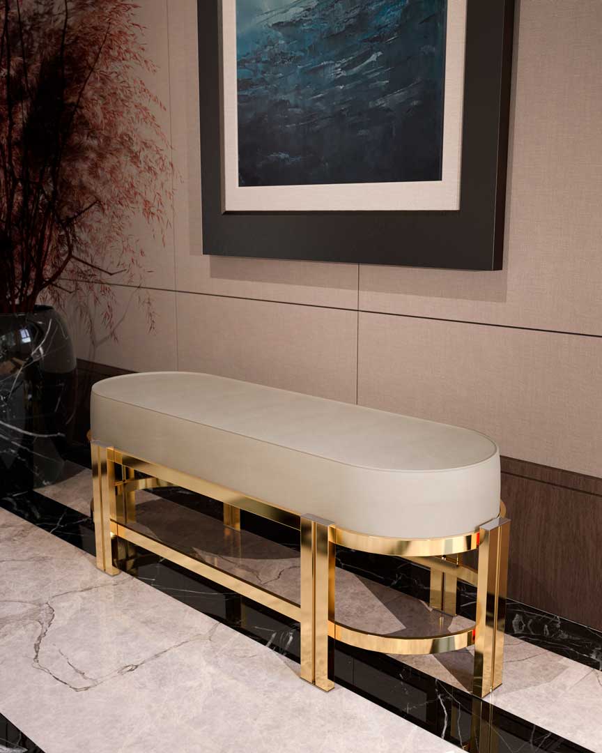 /storage/Luxury brass Marie Bench with gold-plated brass frame and refined upholstery, inspired by Versailles opulence and designed to bring timeless elegance to modern interiors.