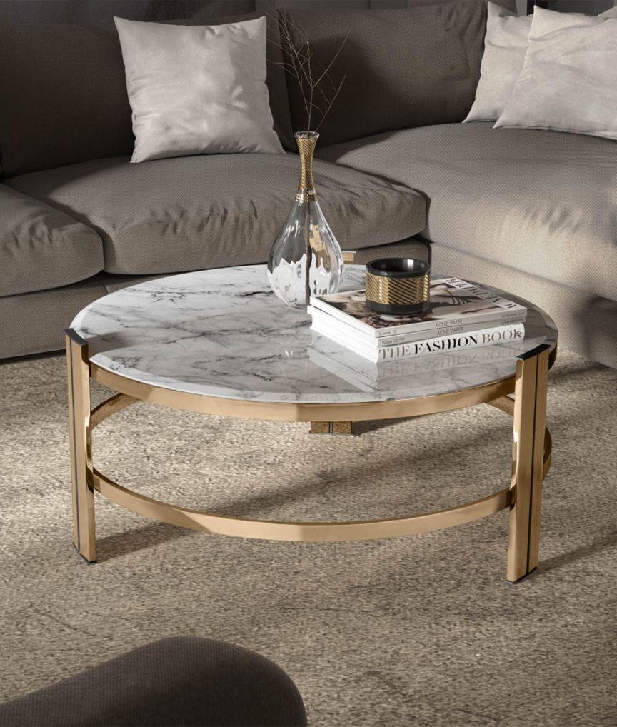 /storage/Luxury brass Marie Center Table with marble top, an elegant contemporary design inspired by Versailles opulence.
