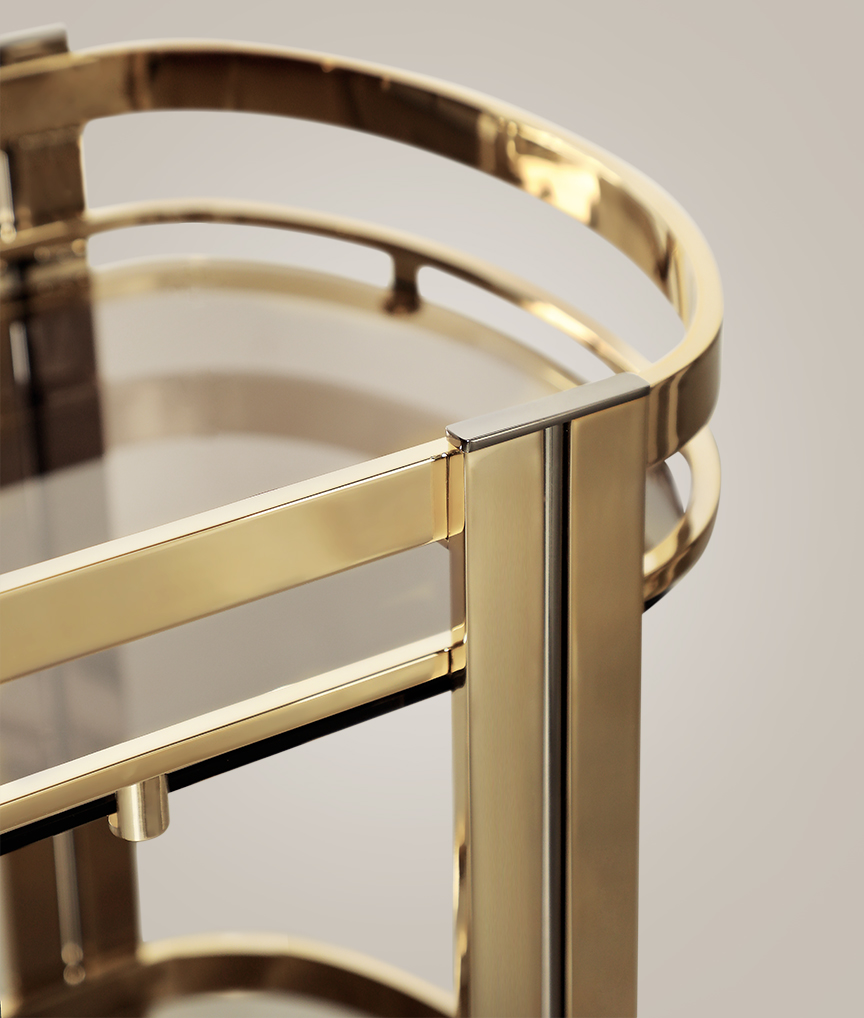 /storage/Luxury brass Marie tea cart with sleek design, spacious shelves, and modern detailing, a sophisticated serving cart for elegant interiors.