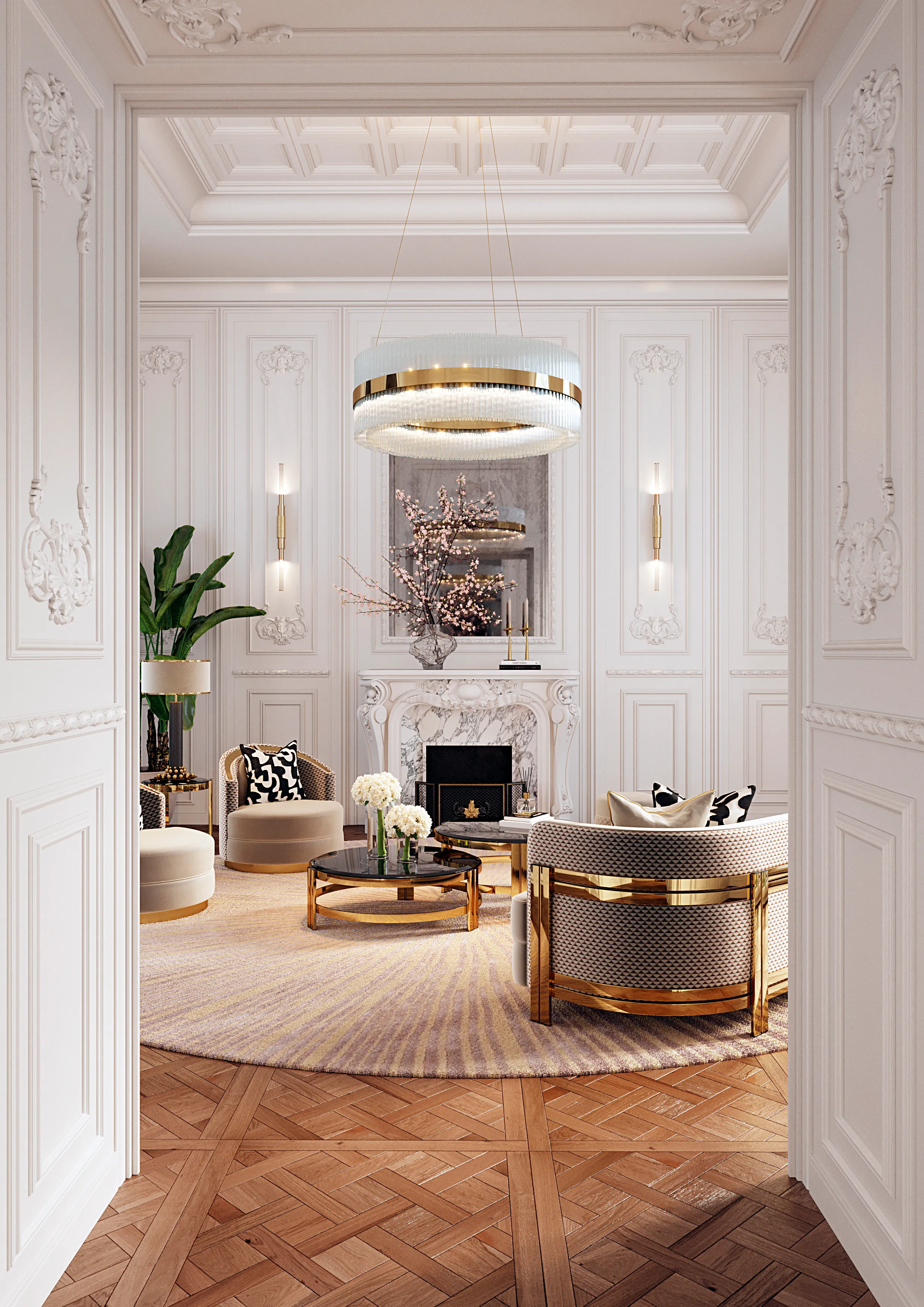 /storage/Luxury brass Metier Wall Light with overlapping gold-plated brass tubes and machined glass tips, combining bold angular design.