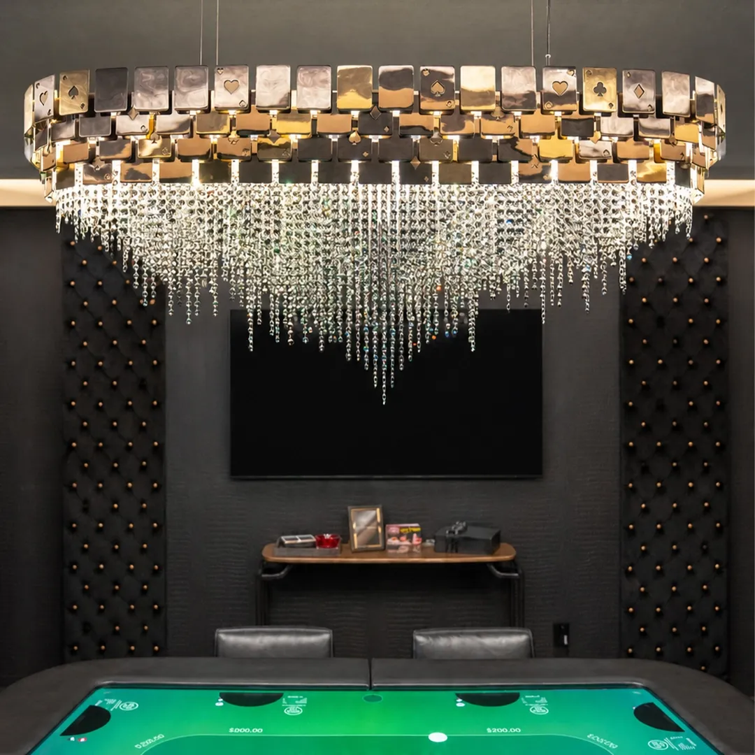 /storage/Luxury brass suspension snooker light with geometric lines and casino-inspired motifs, enriched with crystal details for a bold, artistic, and glamorous aesthetic.
