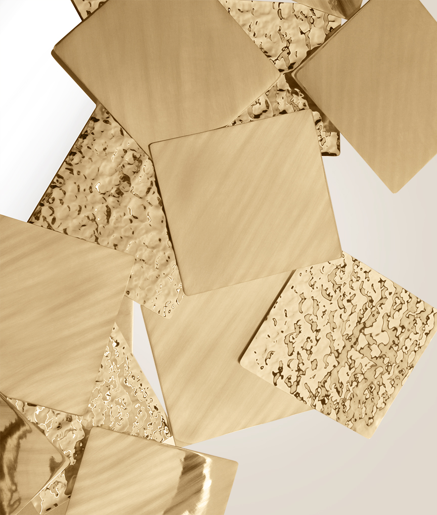 /storage/Luxury brass Mondrian mirror in gold-plated brass with brushed and hammered finishes.