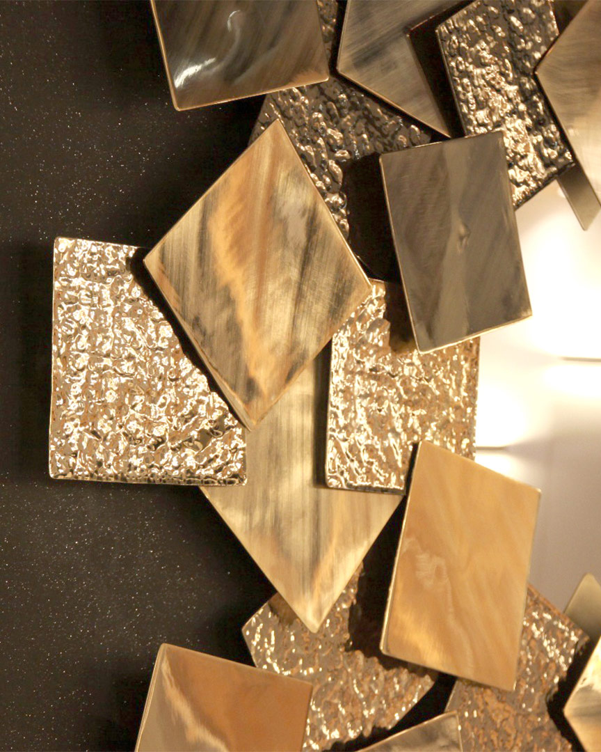 /storage/Luxury brass Mondrian mirror in gold-plated brass with brushed and hammered finishes.