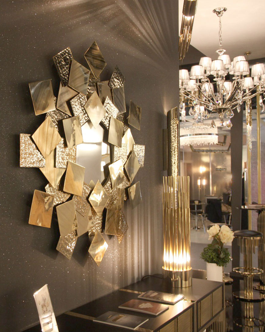 /storage/Luxury brass Mondrian mirror in gold-plated brass with brushed and hammered finishes.
