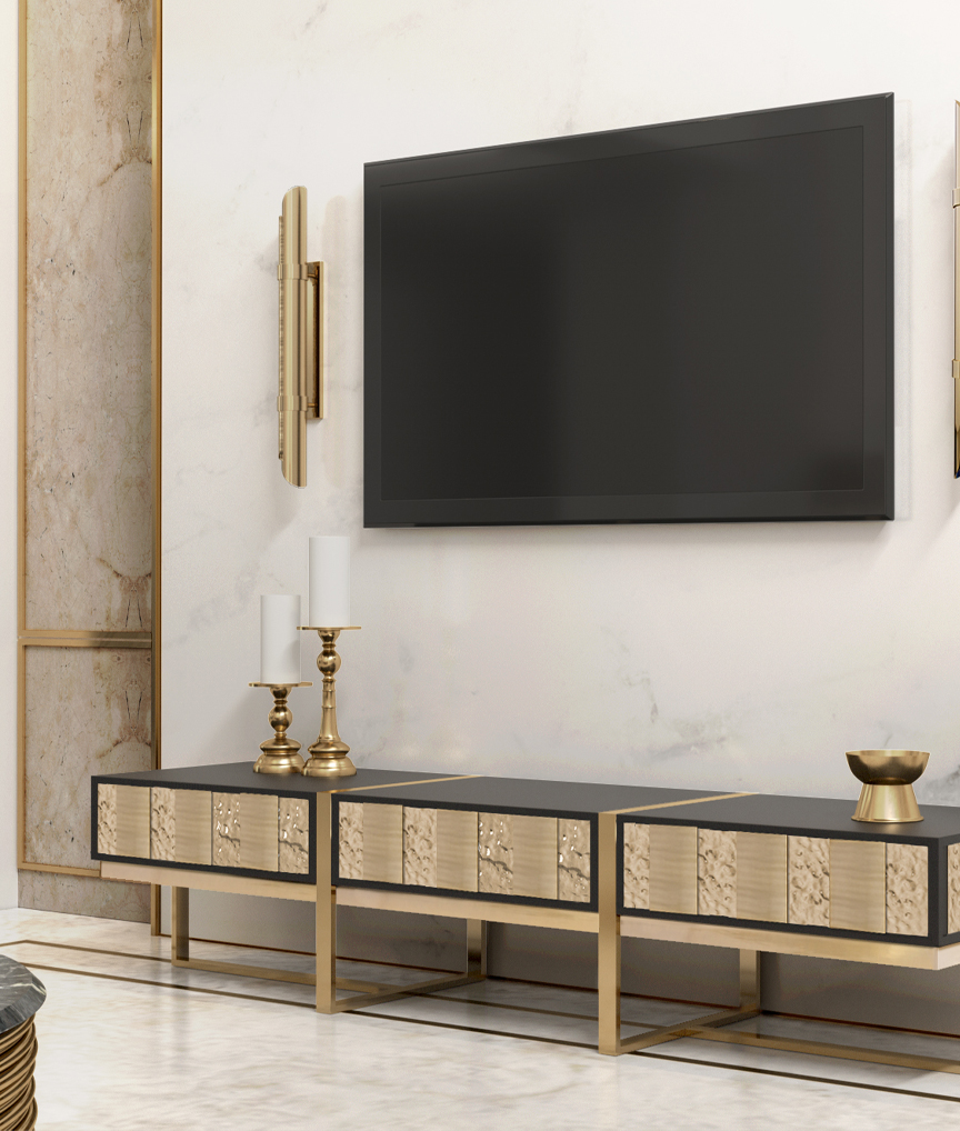 /storage/Luxury brass Mondrian TV Console with brushed and hammered finishes inspired by Piet Mondrian’s art and geometric harmony.