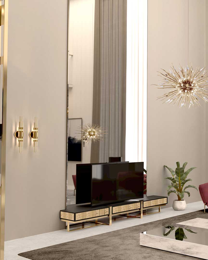 /storage/Luxury brass Mondrian TV Console with brushed and hammered finishes inspired by Piet Mondrian’s art and geometric harmony.