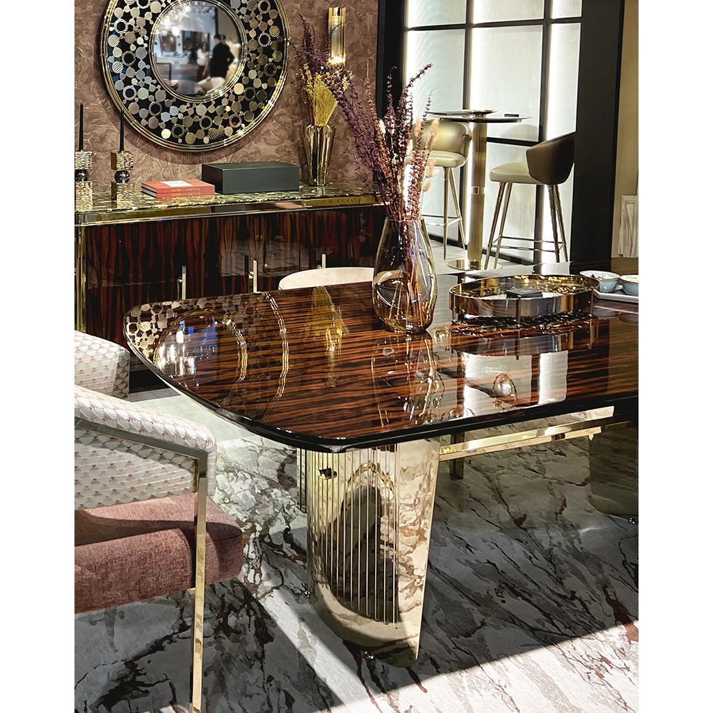 /storage/Luxury brass Moon Dining Table with natural wood and celestial-inspired design.