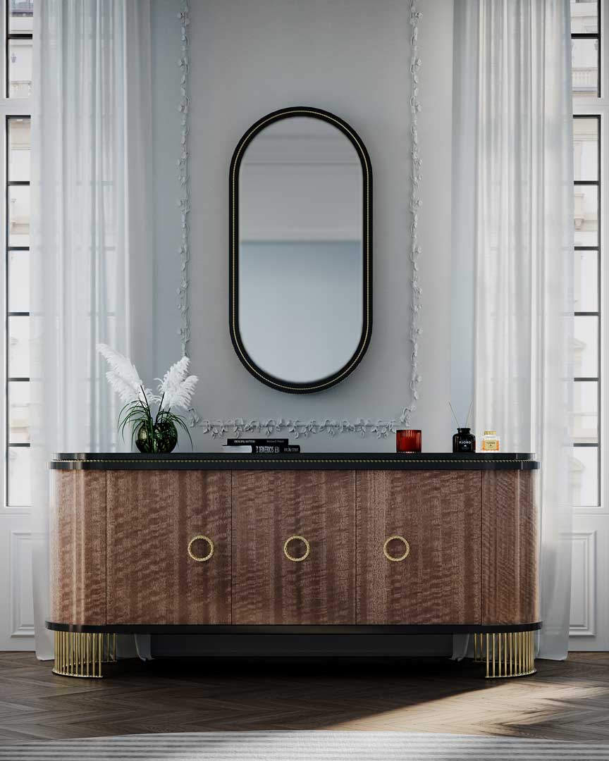 /storage/Luxury brass-accented Nautilus sideboard in ebony veneer with glass details, a modern classic design exuding naval inspiration and sophisticated elegance.