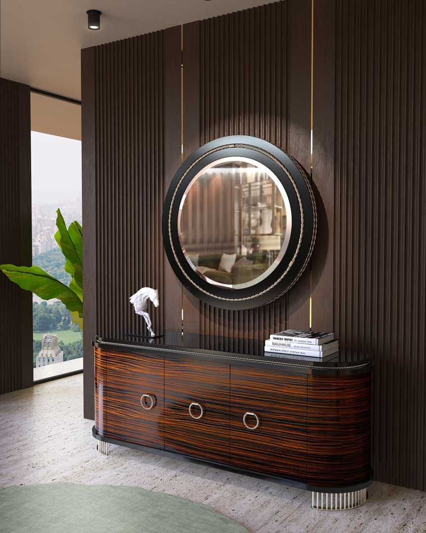 /storage/Luxury brass-accented Nautilus sideboard in ebony veneer with glass details, a modern classic design exuding naval inspiration and sophisticated elegance.