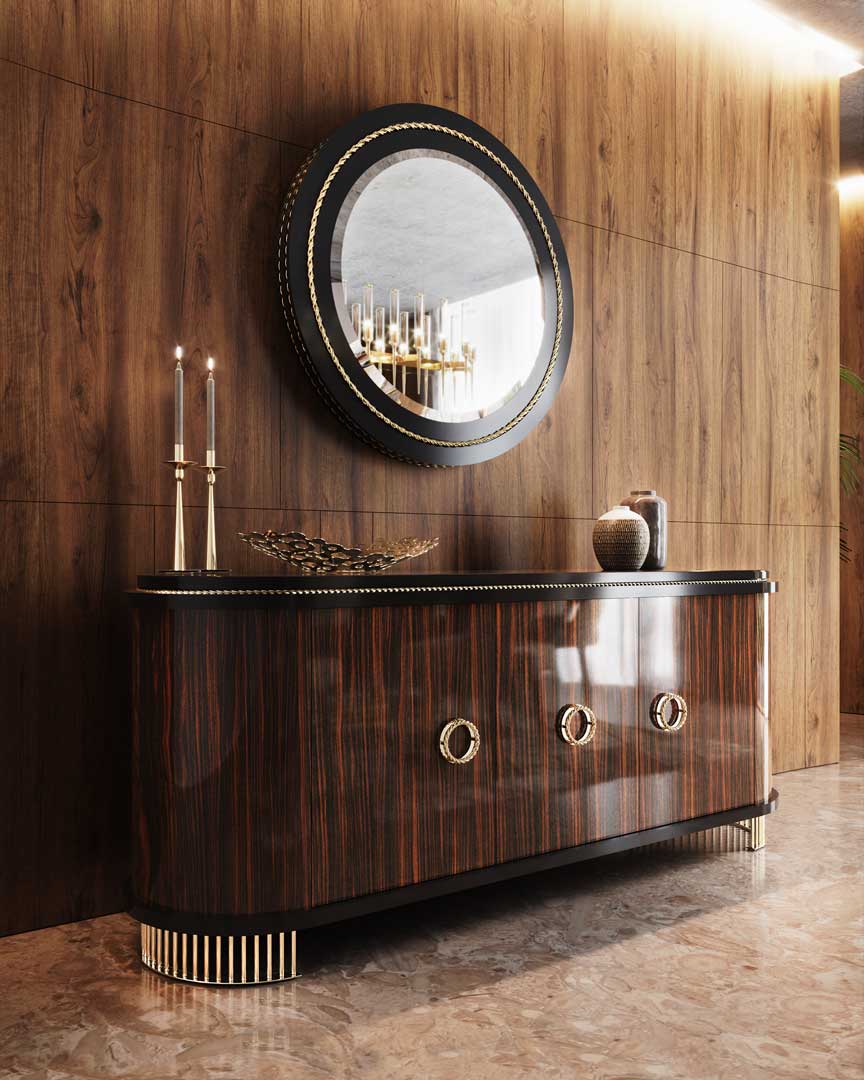 /storage/Luxury brass-accented Nautilus sideboard in ebony veneer with glass details, a modern classic design exuding naval inspiration and sophisticated elegance.