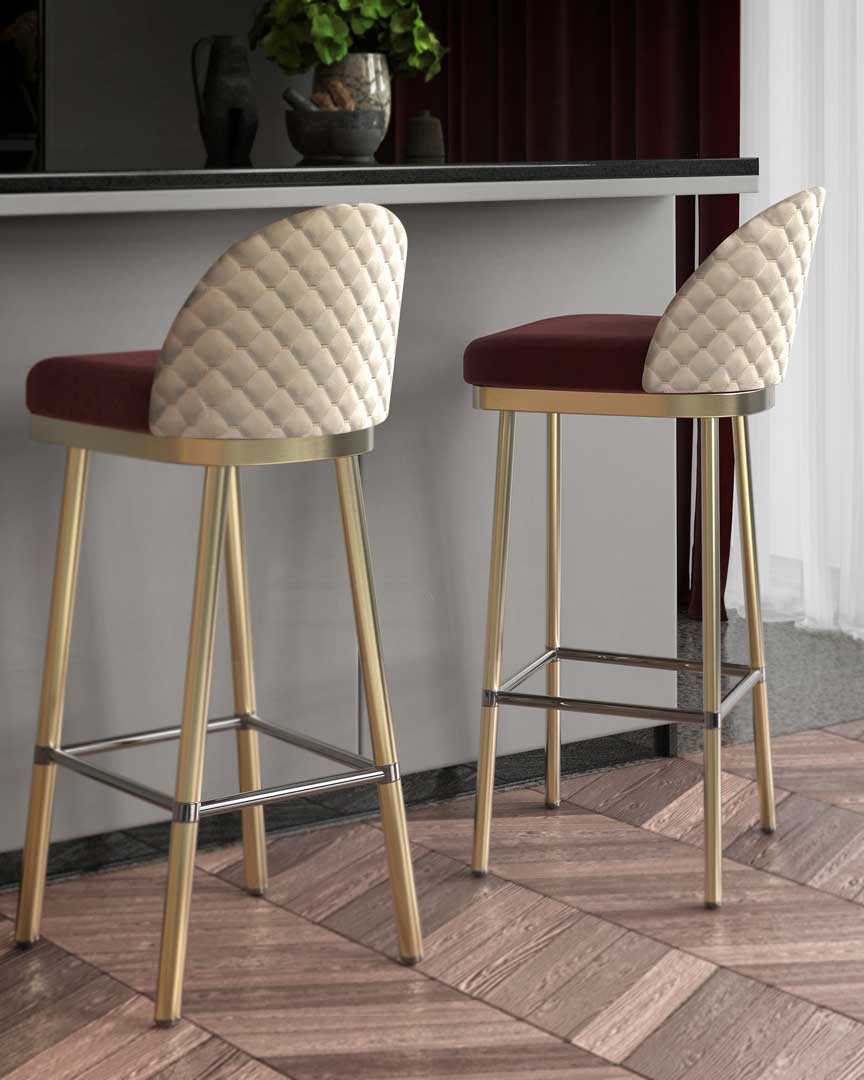 /storage/Luxury brass bar chair with gold-plated legs, black nickel accents, and curved upholstered body, blending Art Deco style with modern femininity.
