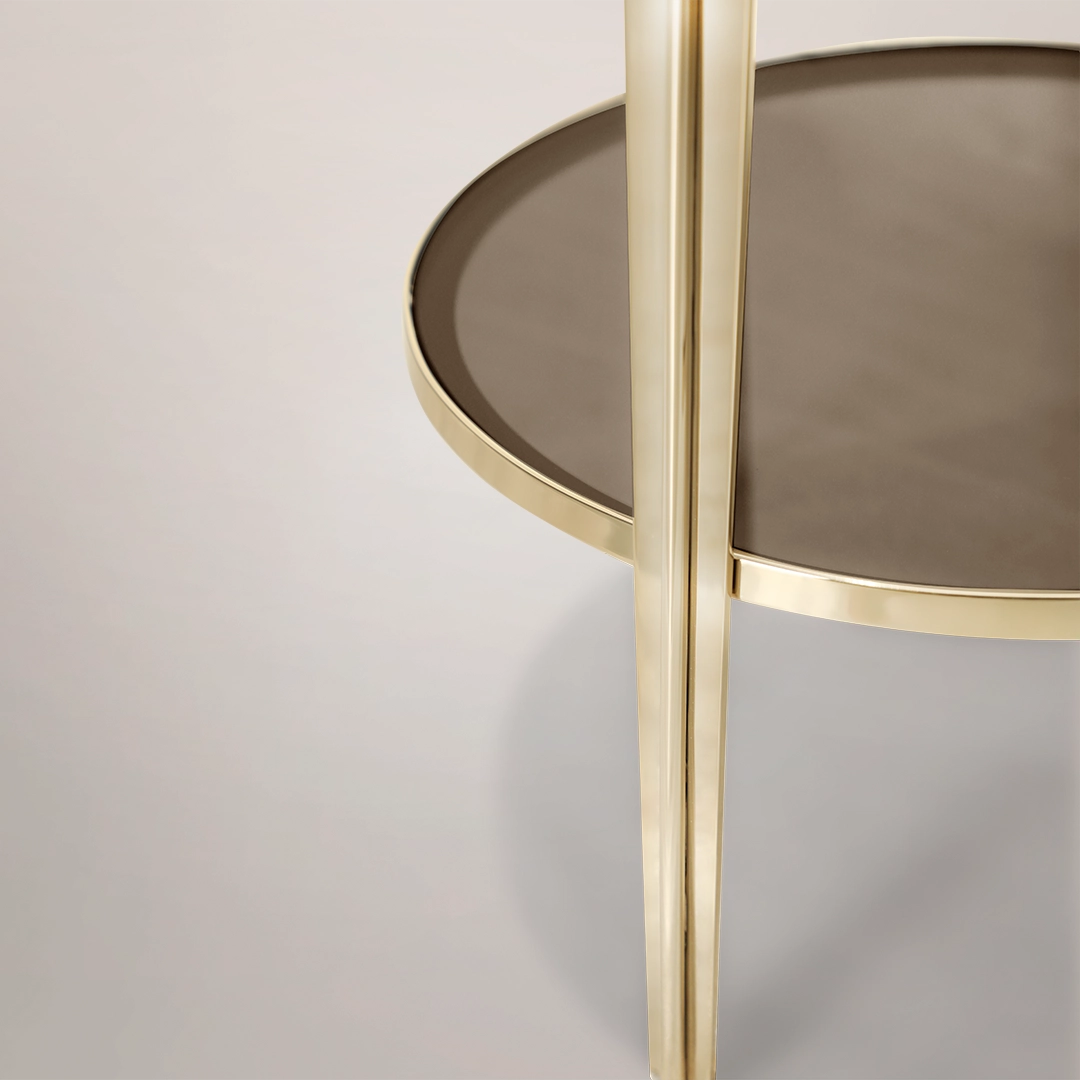 /storage/Luxury brass and marble Perla side table with textured glass base and shell-inspired design, a poetic modern accent piece for refined interiors.