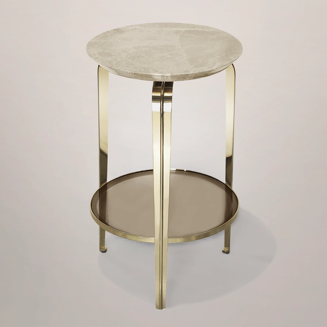 /storage/Luxury brass and marble Perla side table with textured glass base and shell-inspired design, a poetic modern accent piece for refined interiors.