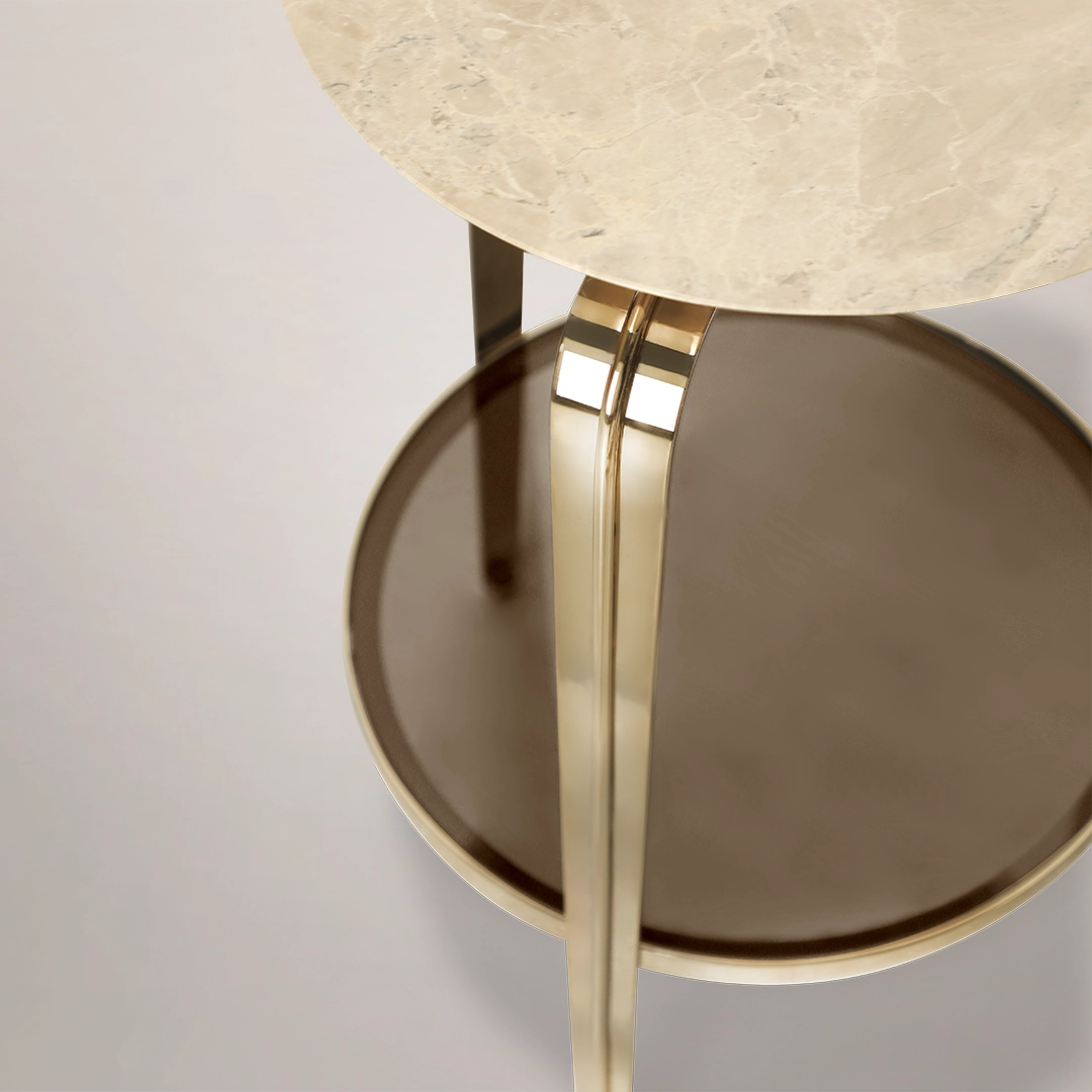 /storage/Luxury brass and marble Perla side table with textured glass base and shell-inspired design, a poetic modern accent piece for refined interiors.