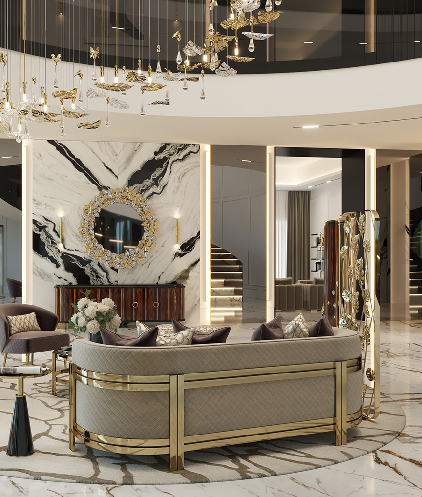 /storage/Luxury brass Rainforest divider with ebony wood veneer and handcrafted brass leaves, a sculptural room separator blending nature-inspired design with modern elegance.